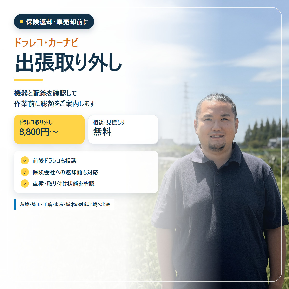 ドラレコ・カーナビの出張取り外しを8,800円〜で案内する画像
